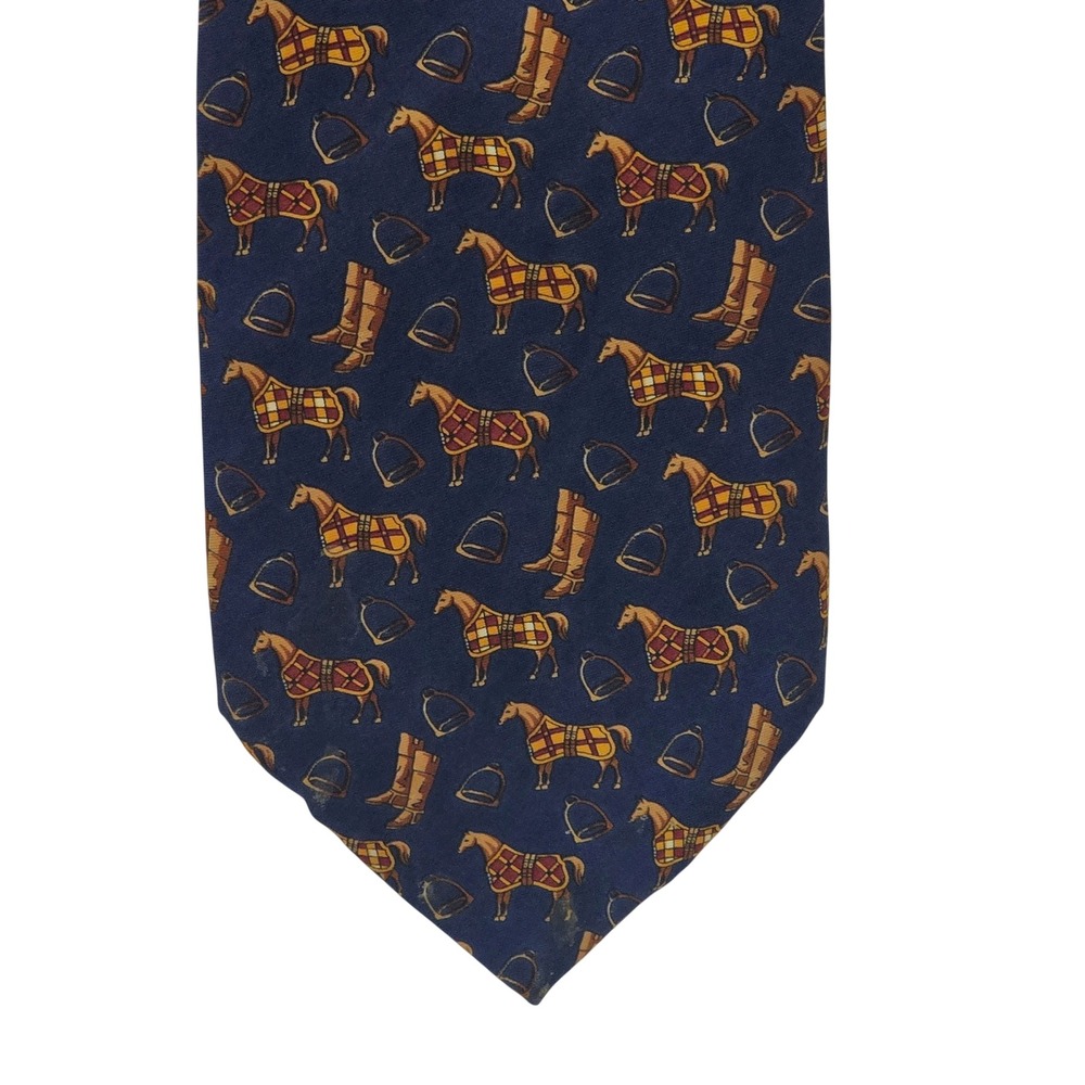 Beaufort The Rack Silk Tie Navy Blue Equestrian Horse Riding Boots Italy Preppy